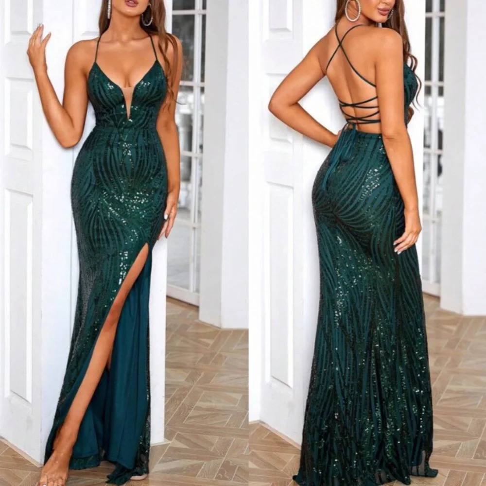Luxe case up back split thigh party prom wedding sequins dress - Picture 1 of 7